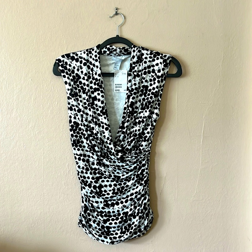 NWT H&M Abstract Dot Ink Print Ruched Sleeveless Top Black White S